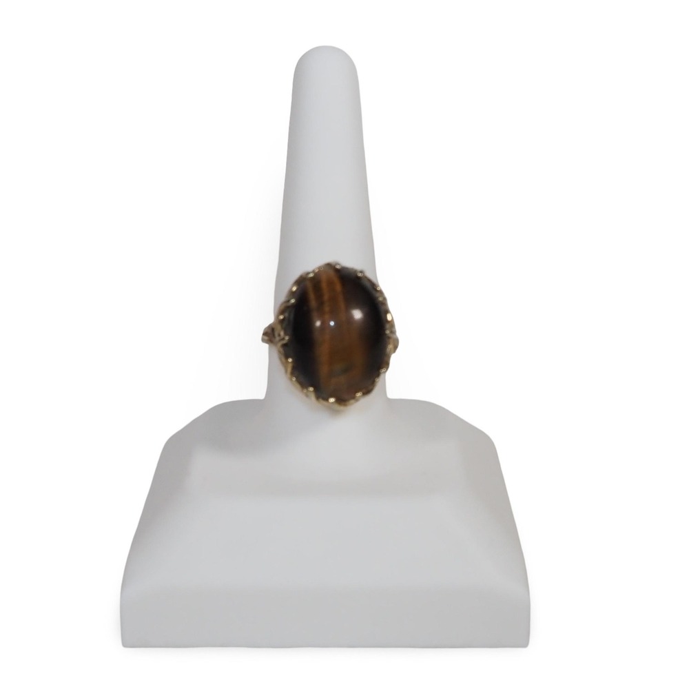 Vintage Tigers Eye Cocktail Ring 18K HGE Gold Plated Oval Cabochon Size 8.5